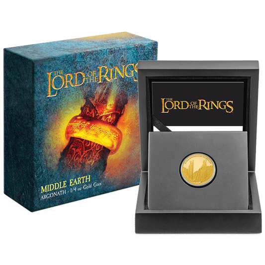 THE LORD OF THE RINGS™ – Argonath 1/4oz Gold Coin with Custom-Designed Wooden Box with Certificate of Authenticity Holder and Viewing Insert.