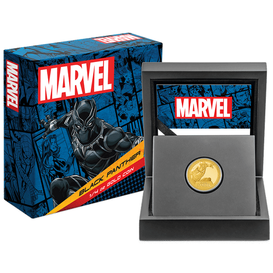 Marvel Black Panther 1/4oz Gold Coin with Custom-Designed Wooden Box with Certificate of Authenticity Holder and Viewing Insert.