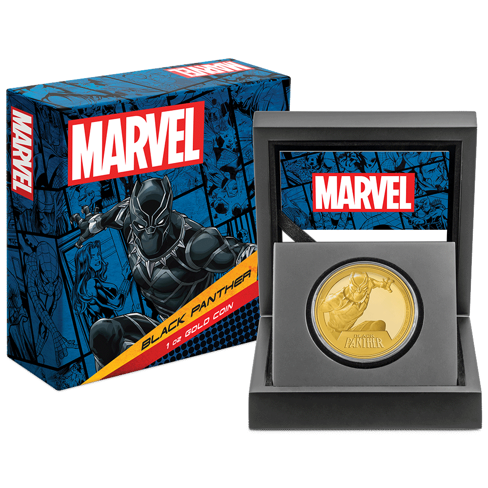 Marvel Black Panther 1oz Gold Coin with Custom-Designed Wooden Box with Certificate of Authenticity Holder and Viewing Insert.