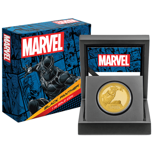 Marvel Black Panther 1oz Gold Coin with Custom-Designed Wooden Box with Certificate of Authenticity Holder and Viewing Insert.