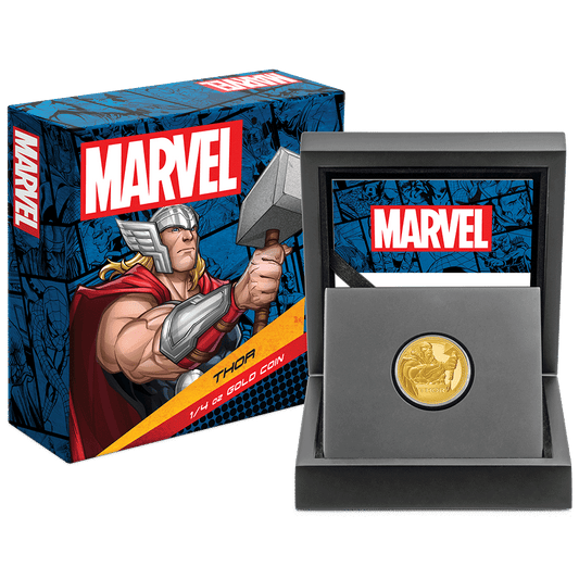 Marvel Thor™ 1/4oz Gold Coin with Custom-Designed Wooden Box with Certificate of Authenticity Holder and Viewing Insert.