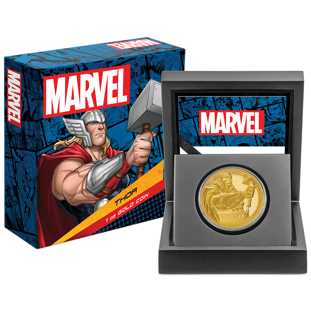 Marvel Thor™ 1oz Gold Coin with Custom-Designed Wooden Box with Certificate of Authenticity Holder and Viewing Insert.