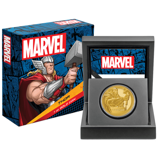 Marvel Thor™ 1oz Gold Coin with Custom-Designed Wooden Box with Certificate of Authenticity Holder and Viewing Insert.