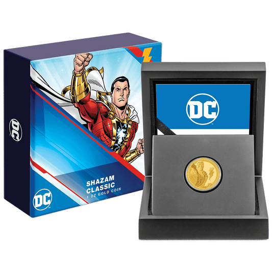 SHAZAM™ Classic 1/4oz Gold Coin with Custom-Designed Wooden Box with Certificate of Authenticity Holder and Viewing Insert.