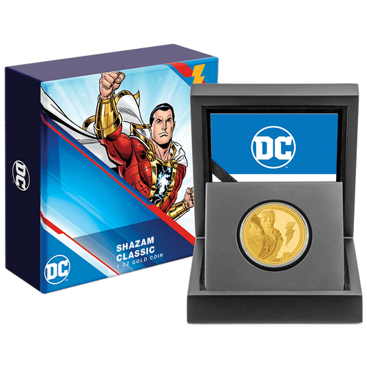 SHAZAM™ Classic 1oz Gold Coin with Custom-Designed Wooden Box with Certificate of Authenticity Holder and Viewing Insert.