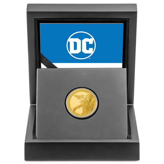 WONDER WOMAN™ Classic 1/4oz Gold Coin with Custom Designed Wooden Box with Display Ledge.