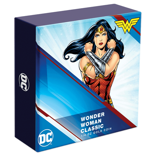 WONDER WOMAN™ Classic 1/4oz Gold Coin Featuring Custom-Designed Outer Box With Brand Imagery.