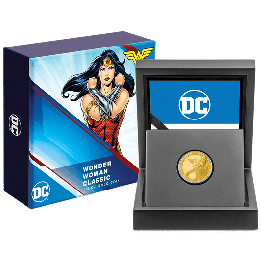 WONDER WOMAN™ Classic 1/4oz Gold Coin with Custom-Designed Wooden Box with Certificate of Authenticity Holder and Viewing Insert.