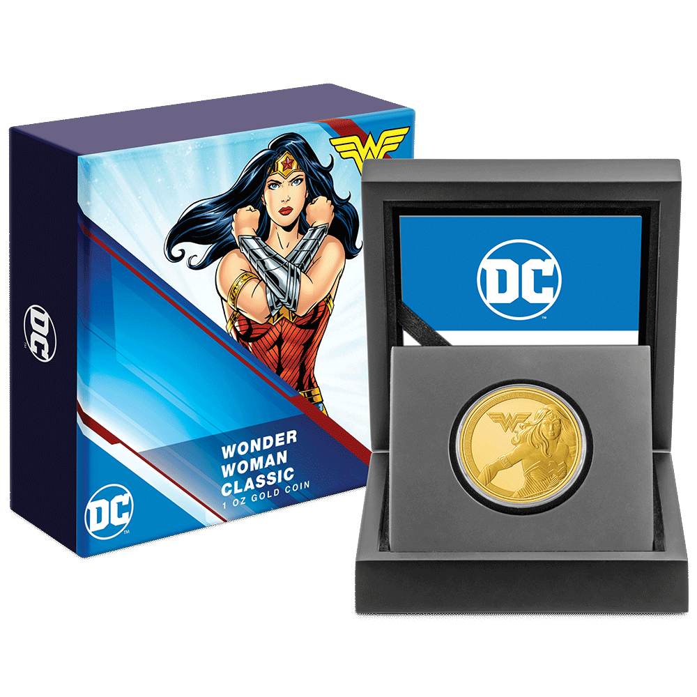 WONDER WOMAN™ Classic 1oz Gold Coin with Custom-Designed Wooden Box with Certificate of Authenticity Holder and Viewing Insert.