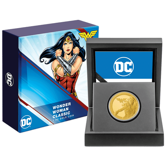 WONDER WOMAN™ Classic 1oz Gold Coin with Custom-Designed Wooden Box with Certificate of Authenticity Holder and Viewing Insert.