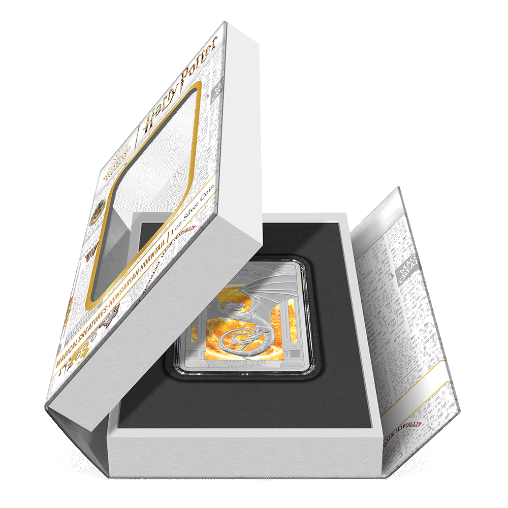 HARRY POTTER™ Magical Creatures – Hungarian Horntail 1oz Silver Coin Featuring Book-style Packaging With Custom Velvet Insert to House the Coin.