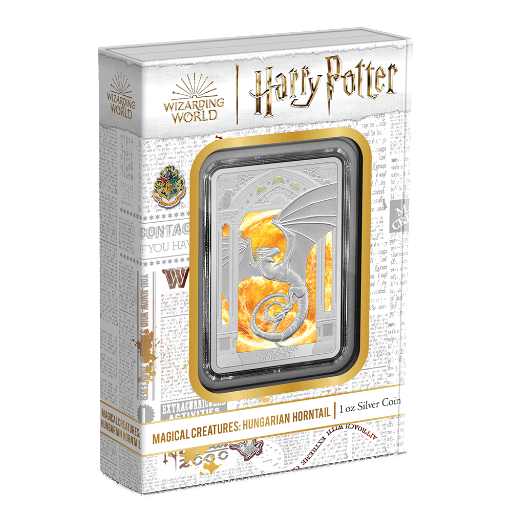 HARRY POTTER™ Magical Creatures – Hungarian Horntail 1oz Silver Coin Featuring Custom Book-style Outer With Brand Imagery.