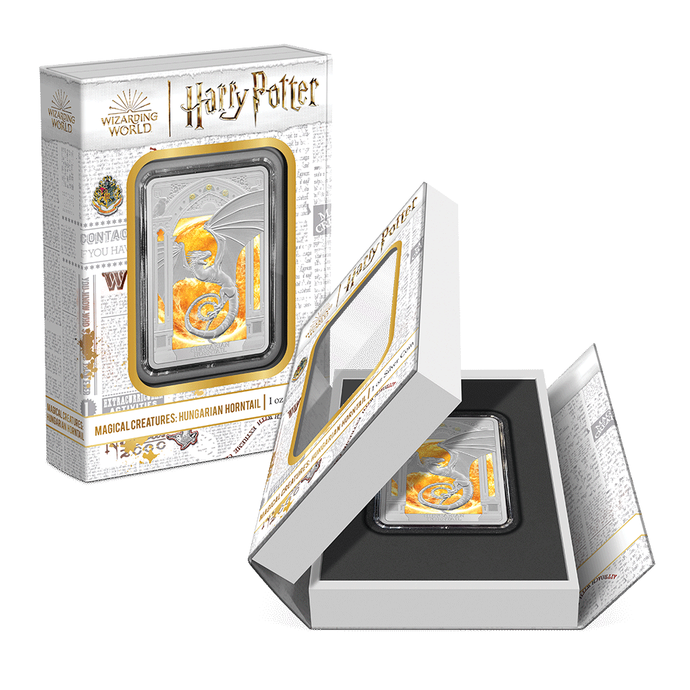 HARRY POTTER™ Magical Creatures – Hungarian Horntail 1oz Silver Coin Featuring Custom Book-style Packaging with Display Window and Certificate of Authenticity Sticker.