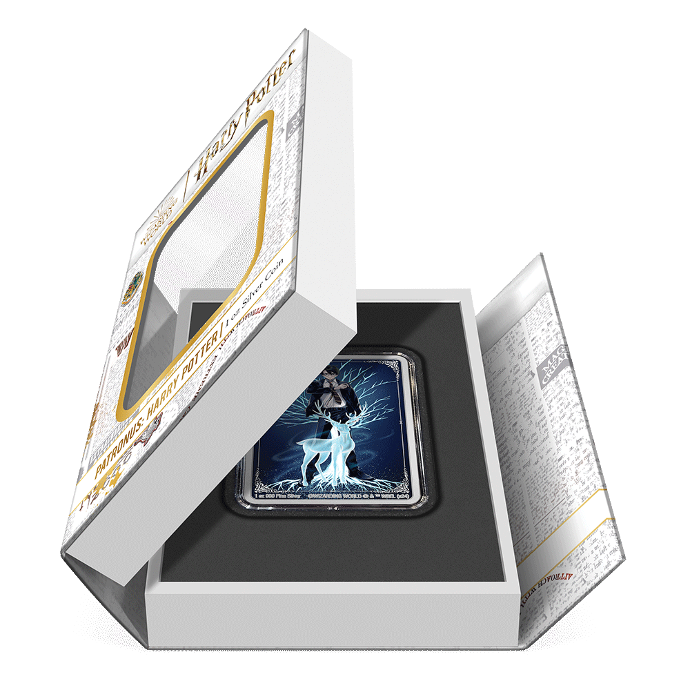HARRY POTTER™ Patronus: Harry Potter 1oz Silver Coin Featuring Book-style Packaging With Custom Velvet Insert to House the Coin.