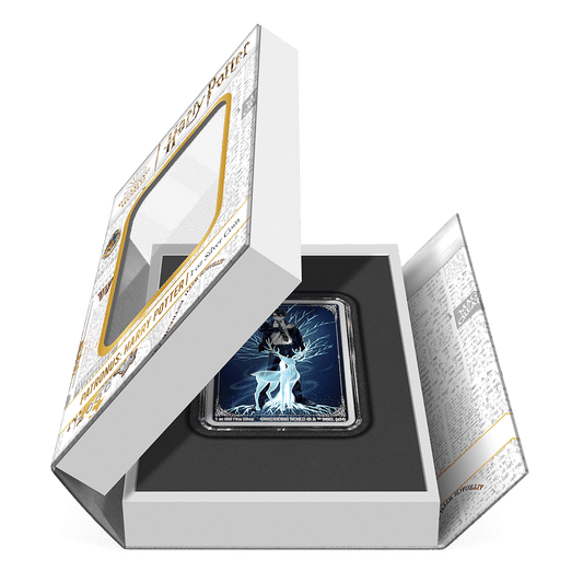 HARRY POTTER™ Patronus: Harry Potter 1oz Silver Coin Featuring Book-style Packaging With Custom Velvet Insert to House the Coin.
