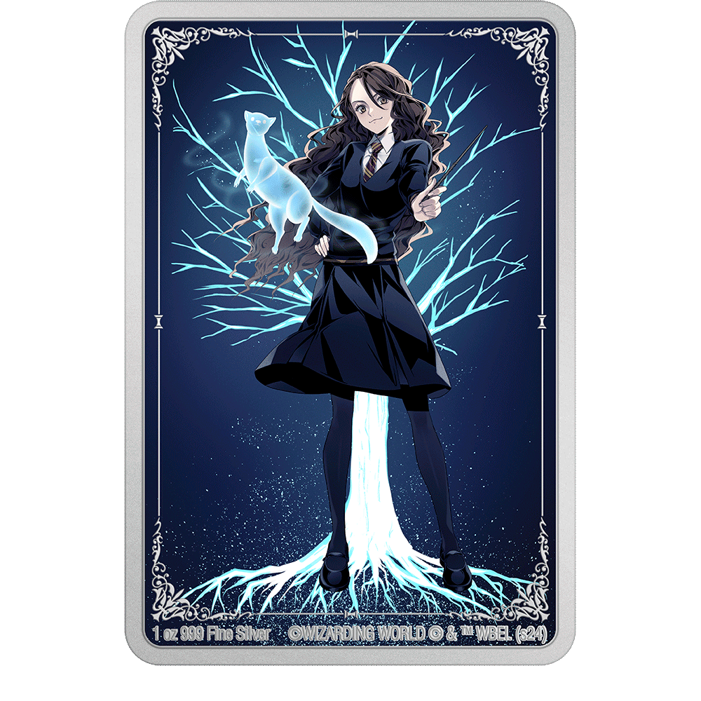 Transporting you to the world of Harry Potter, the design highlights Hermione conjuring her otter Patronus charm. The metallic colour printing brings a magical glow to the piece.  An engraved and frosted ornate border completes the design.
