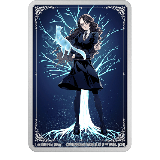 Transporting you to the world of Harry Potter, the design highlights Hermione conjuring her otter Patronus charm. The metallic colour printing brings a magical glow to the piece.  An engraved and frosted ornate border completes the design.