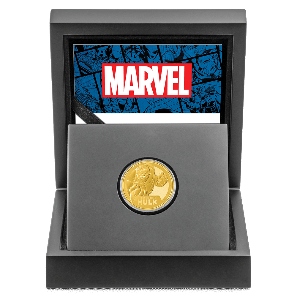Marvel The Incredible Hulk 1/4oz Gold Coin With Custom Wooden Display Box and Velvet Insert to House the Round Coin.