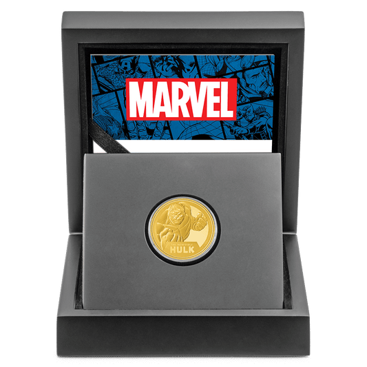 Marvel The Incredible Hulk 1/4oz Gold Coin With Custom Wooden Display Box and Velvet Insert to House the Round Coin.