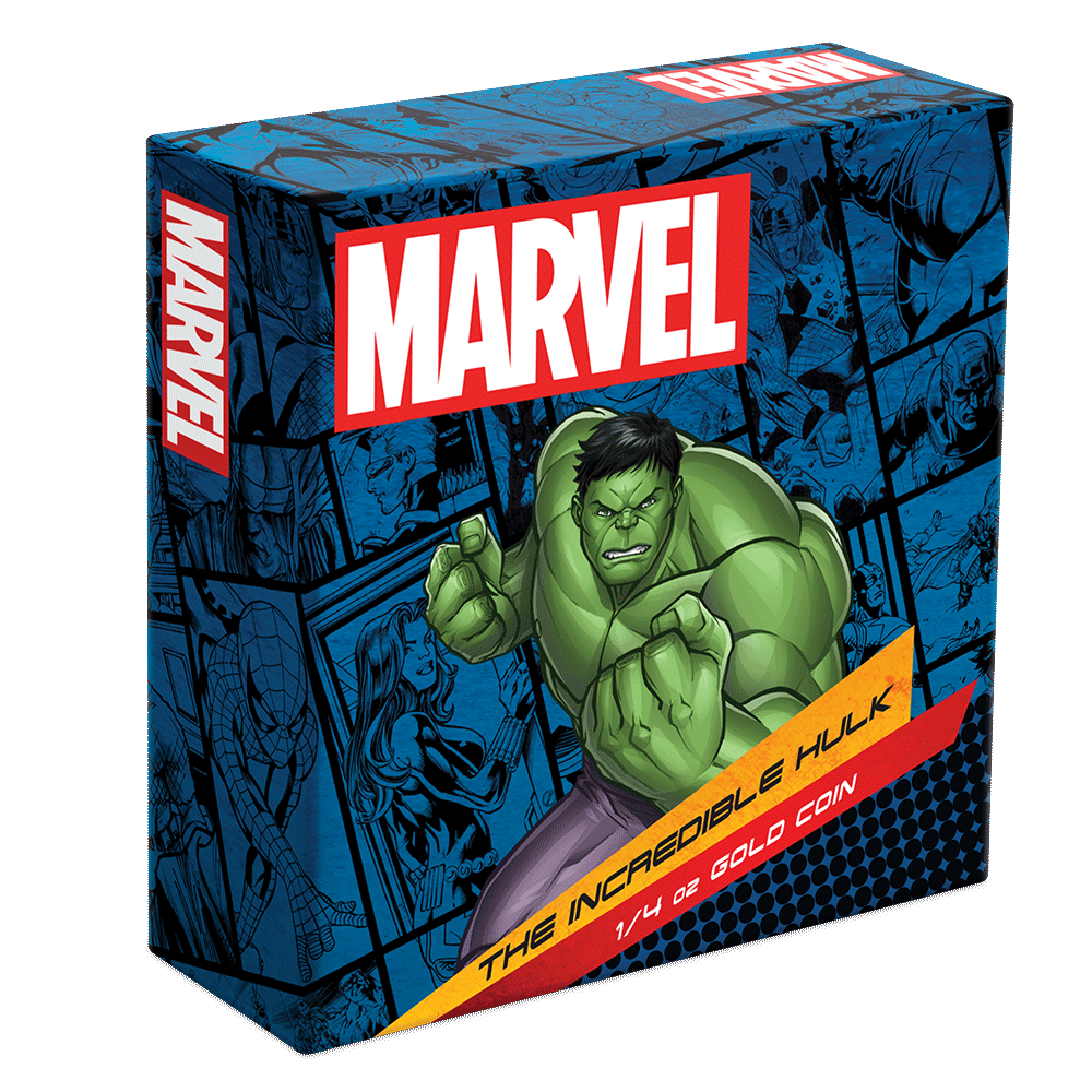 Marvel The Incredible Hulk 1/4oz Gold Coin Featuring Custom-Designed Outer Box With Brand Imagery.