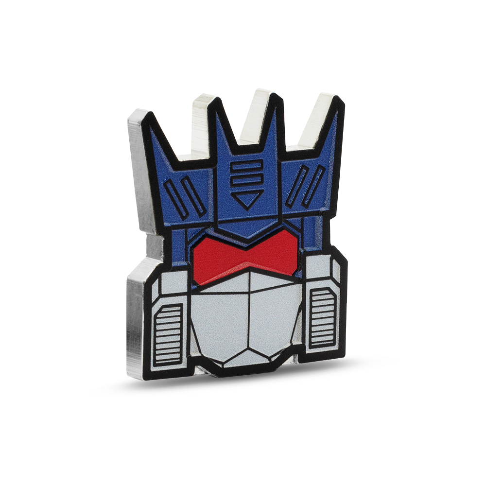 A collectible coin depicting the head of Soundwave from The Transformers series, featuring a silver finish with red and blue accents.
