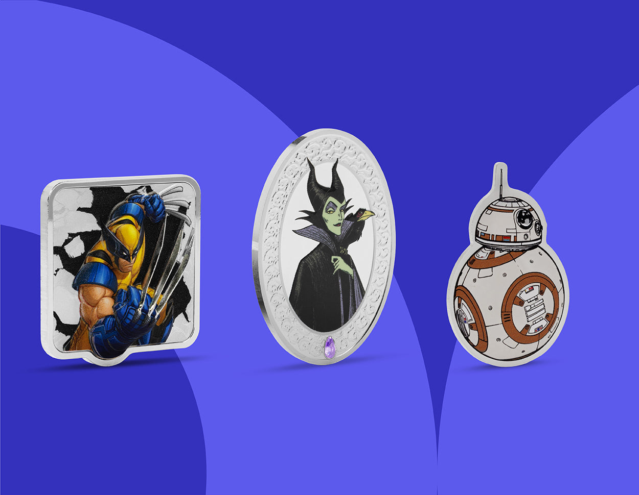 Three collectible pins featuring Wolverine, Maleficent, and BB-8 on a blue background