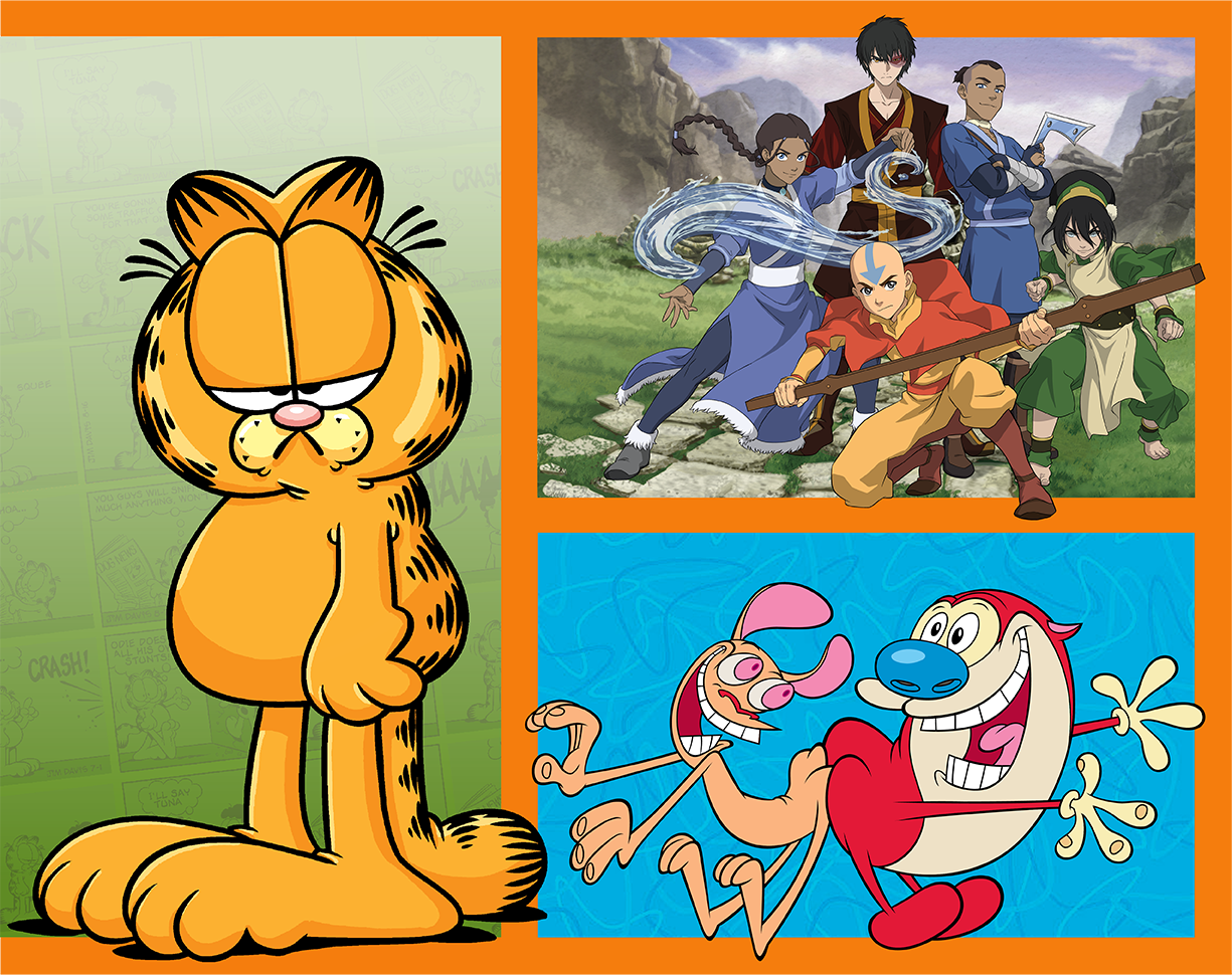 Three cartoon characters on a colorful background with Garfield, a character from 'Avatar: The Last Airbender', and a cartoon dog.