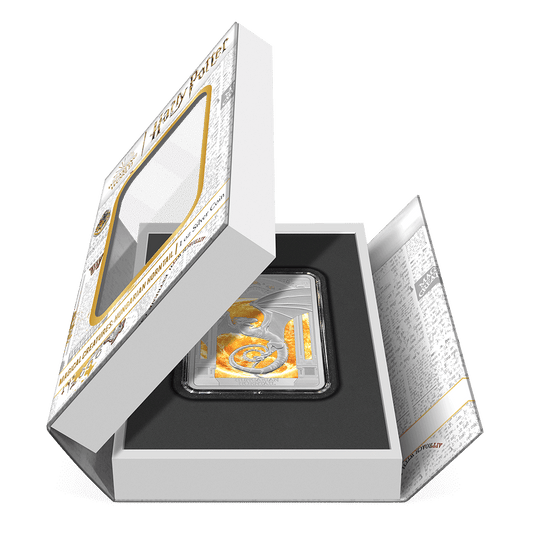HARRY POTTER™ Magical Creatures – Hungarian Horntail 1oz Silver Coin  Featuring Book-style Packaging With Custom Velvet Insert to House the Coin.