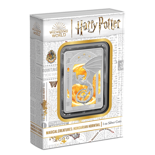HARRY POTTER™ Magical Creatures – Hungarian Horntail 1oz Silver Coin Featuring Custom Book-style Outer With Brand Imagery.