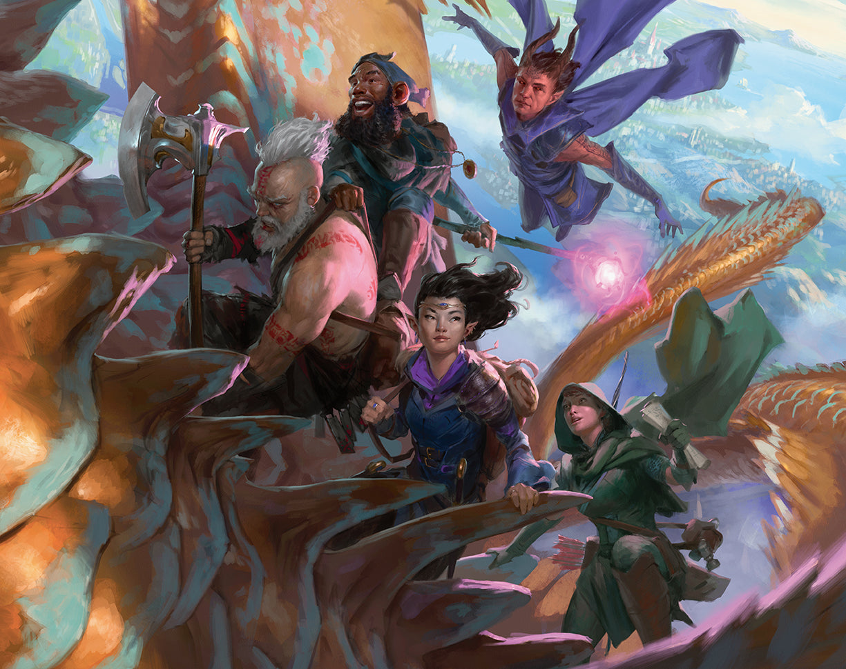 Group of adventurers riding a dragon with a fantasy landscape in the background